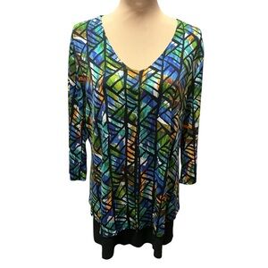 Caribe Women’s Stain Glass Print Tunic Top 1X Multicolor 3/4 Sleeve No Size Tag.